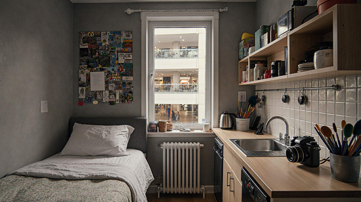 Apartment showing clutter of art supplies and a Radio Shack camera with muted colors and vibrant pops.
