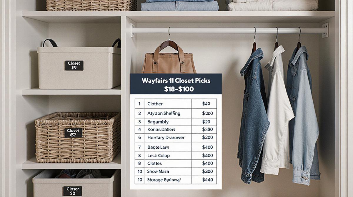 Compact closet arranging labeled storage units, hanging shirts, open shelves and baskets with a background grid of Wayfair cl