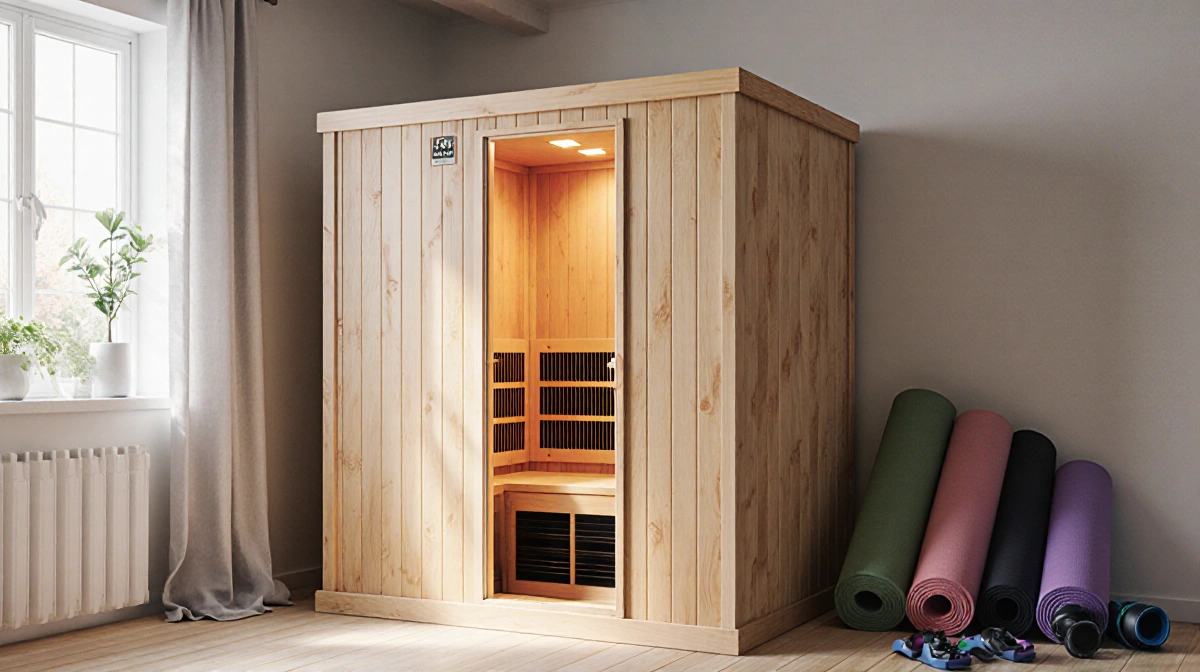 Compact infrared sauna sits in cozy living space with yoga mat and warm lighting showing Canadian hemlock wood interior