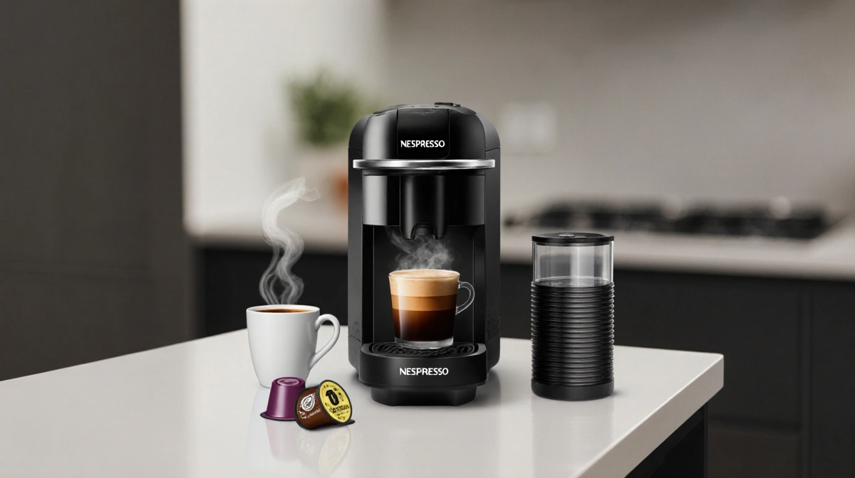 Compact Nespresso machine brewing coffee with steaming cup and pod container on small counter