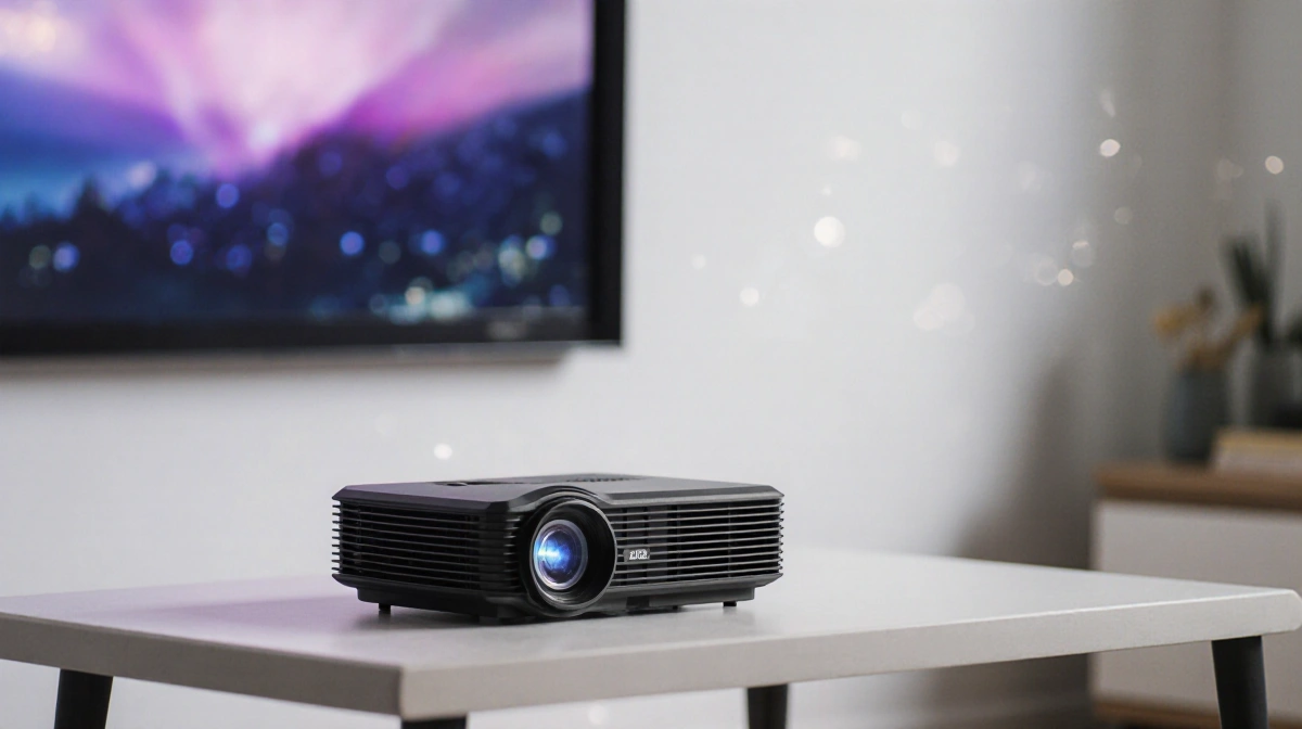 Compact projector beams bright 200-inch image onto wall with clear detail visible from across minimalist room