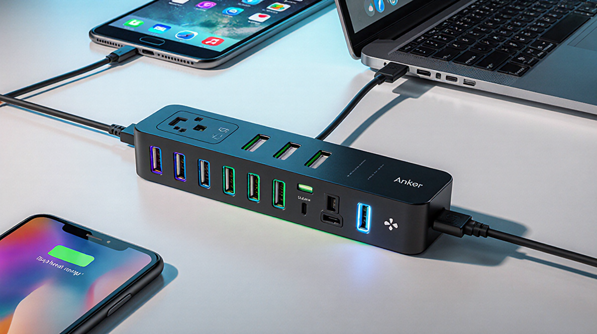 Charging station connecting smartphones and tablet with Anker Prime ports and neatly organized cables on a minimalist desk.