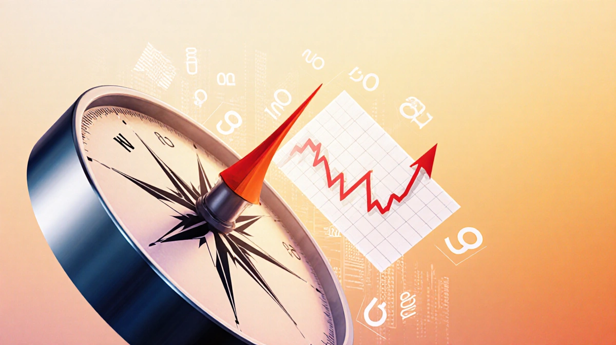 Compass needle pointing toward rising stock market chart with financial graphs and warm gradient background
