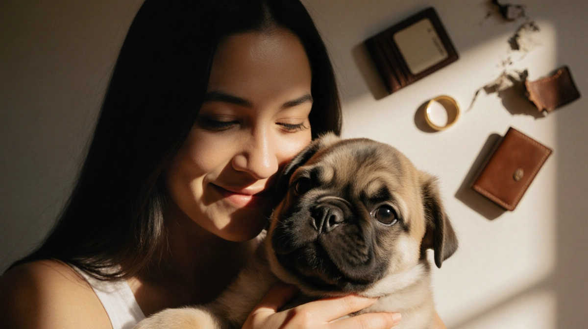 Monica Lopez holding a fluffy cane corso puppy against her chest with a hopeful smile blurred background of stolen items.