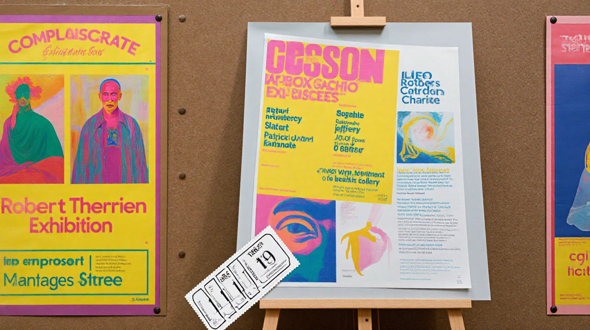 Poster showing colorful artwork by Patrick Martinez and Jeffrey Gibson with tickets near on museum bulletin board
