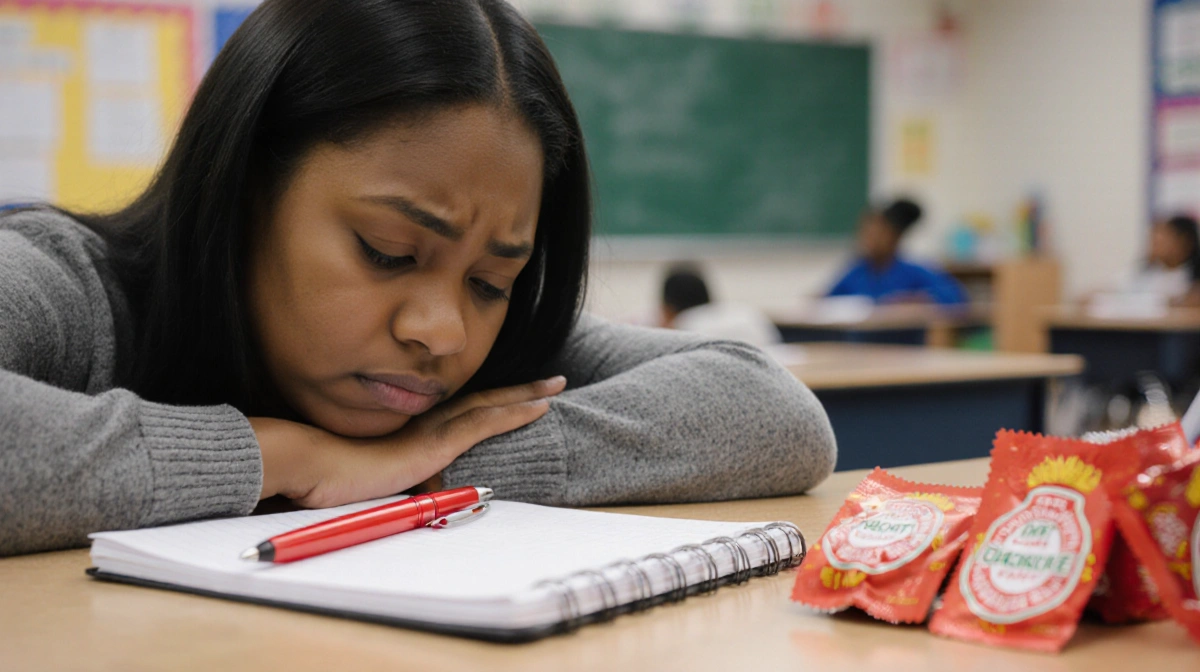 A concerned mother sits against classroom wall with notebook and red pen showing her worry for special education safety