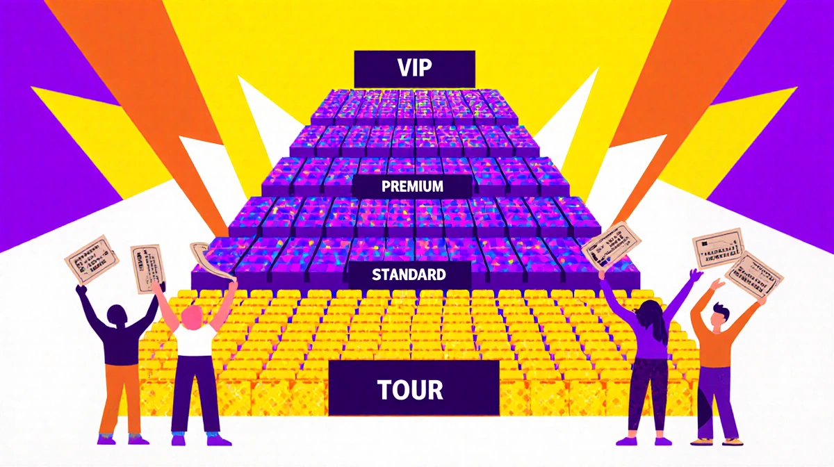 Concert fans celebrating with tiered seating chart pyramid showing VIP Premium Standard ticket prices with bright colors
