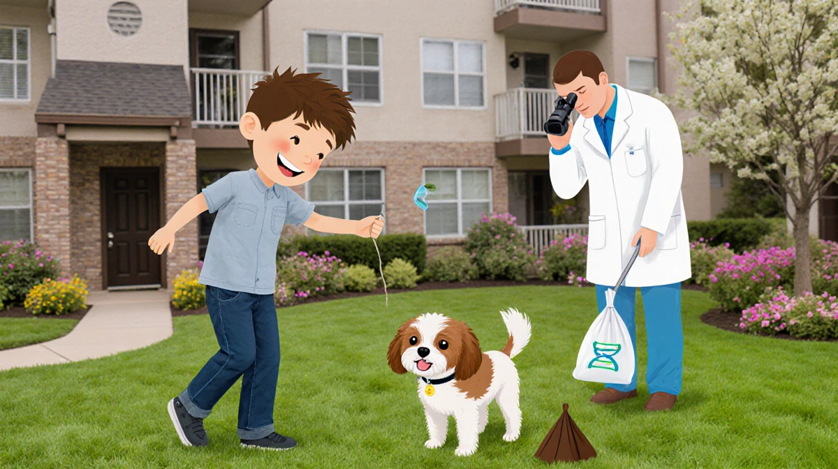 Happy boy playing fetch with Cavapoo dog and owner collecting poop bags near DNA testing lab with blooming flowers