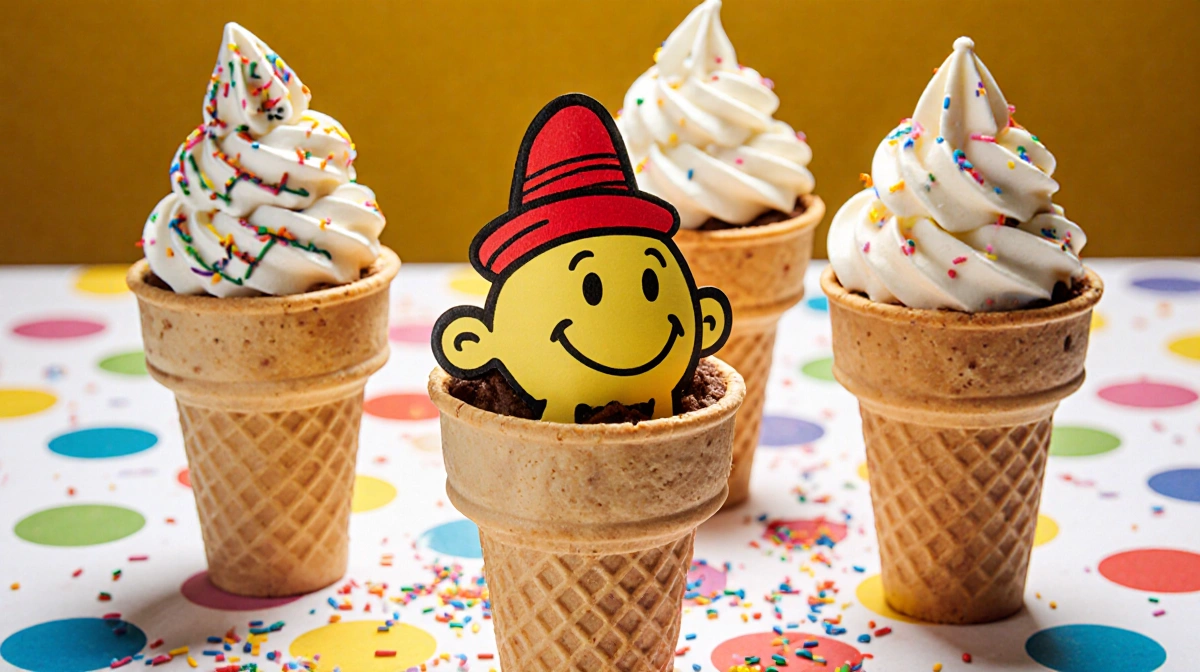 Four colorful ConeHead sundaes arranged in a circle with polka dot tablecloth and sprinkles scattered around