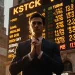 Business professional stands confidently with hands clasped before stock market ticker board showing golden light