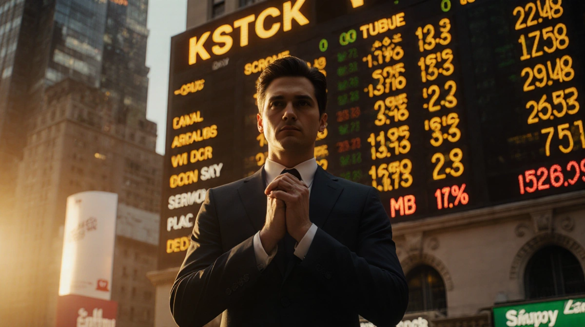 Business professional stands confidently with hands clasped before stock market ticker board showing golden light