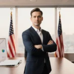 Confident executive stands at wooden table with American flags and mining charts showing leadership