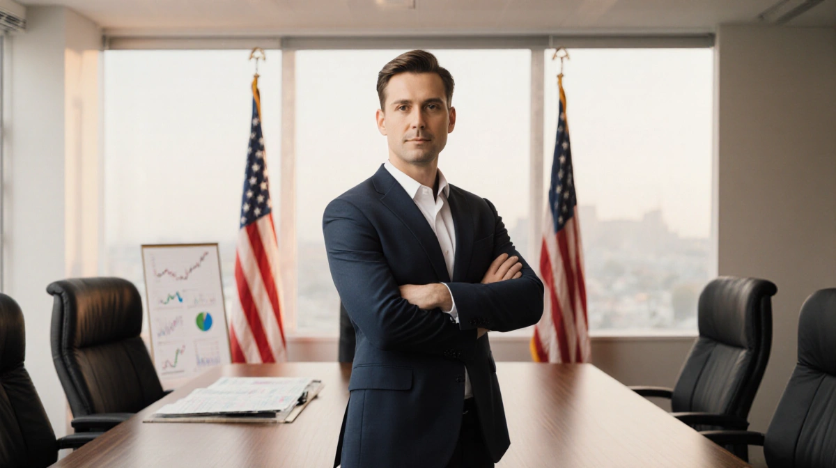 Confident executive stands at wooden table with American flags and mining charts showing leadership