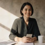 Smiling professional checking smartphone at desk with coffee and notes showing work success