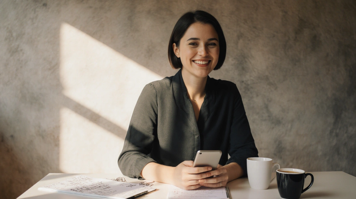 Smiling professional checking smartphone at desk with coffee and notes showing work success