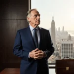 Senior businessman stands with clasped hands at mahogany desk with city skyline showing through window