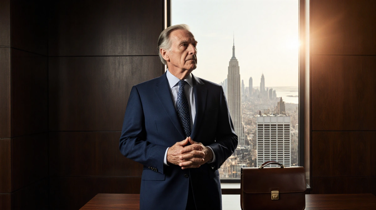 Senior businessman stands with clasped hands at mahogany desk with city skyline showing through window