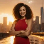Confident woman in red dress stands with arms crossed and unwavering smile as city lights reflect off wet pavement behind her