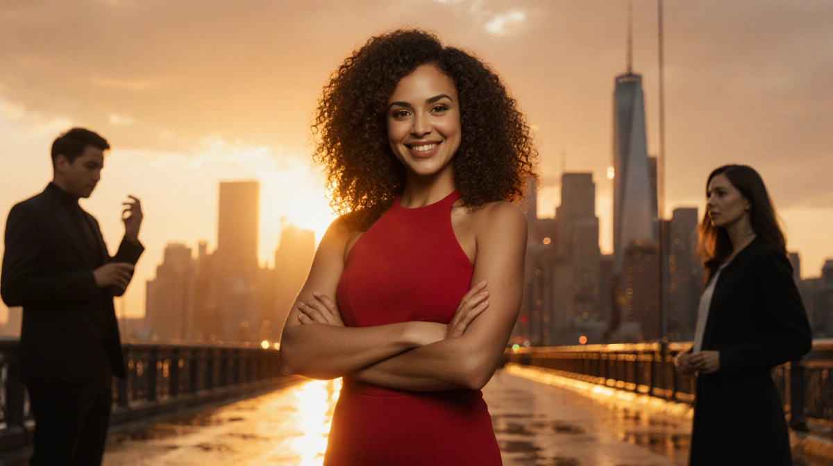 Confident woman in red dress stands with arms crossed and unwavering smile as city lights reflect off wet pavement behind her