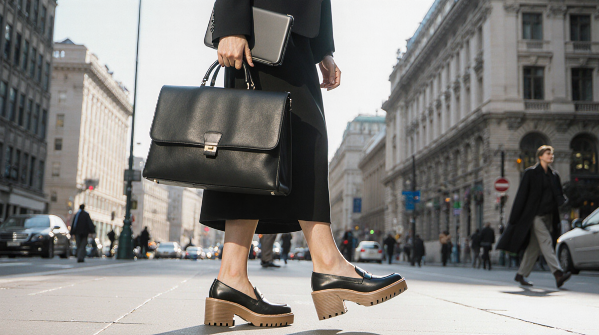 Woman walking confidently with platform loafers and briefcase holding laptop near office building
