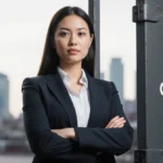 Confident businesswoman standing before Quanta Services gate with city skyline and industrial buildings behind