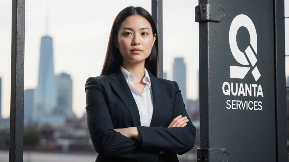 Confident businesswoman standing before Quanta Services gate with city skyline and industrial buildings behind