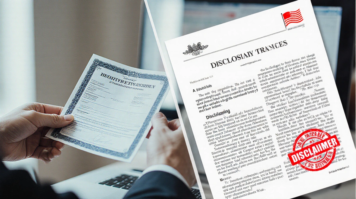 Person holding stock certificate with disclosure stamp while financial document shows conflict of interest warning