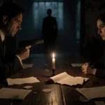 Two figures face off across a wooden table with a gun drawn and cryptic notes scattered between them