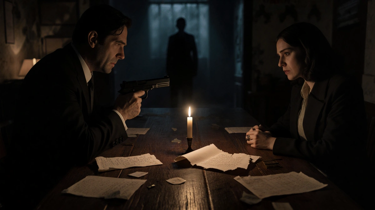 Two figures face off across a wooden table with a gun drawn and cryptic notes scattered between them