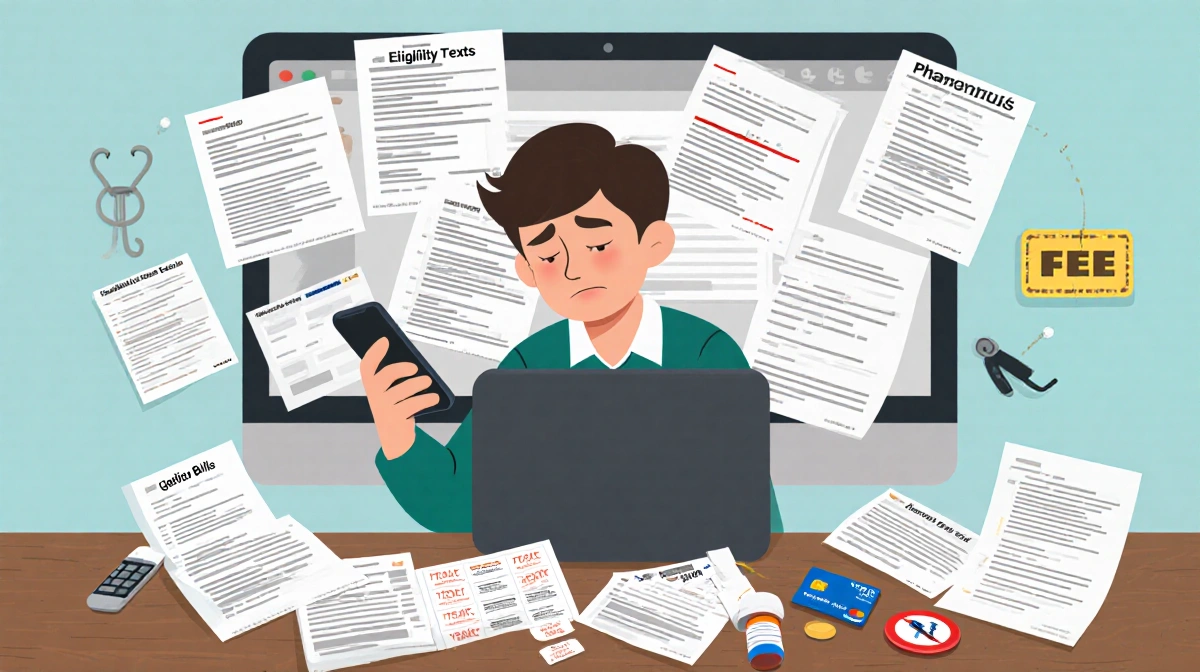 Overwhelmed person sits at cluttered desk with scattered medical bills and prescription labels while scam notifications pop u