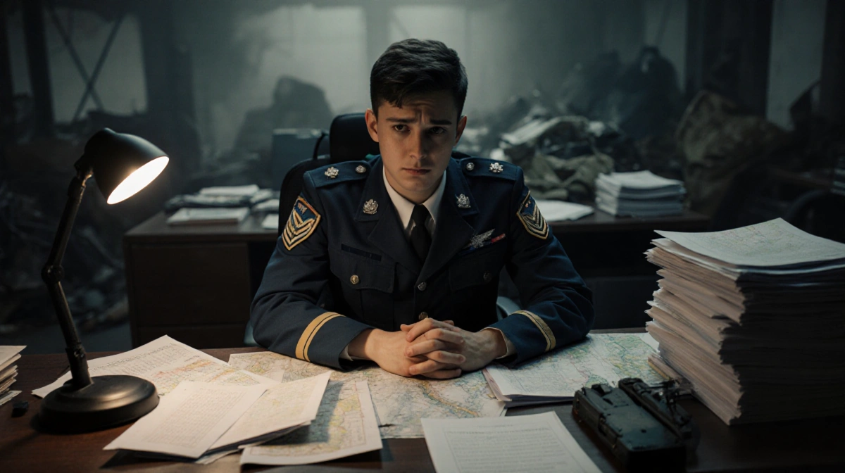 Young recruit sits at cluttered desk with confused expression and stacks of papers showing military training chaos