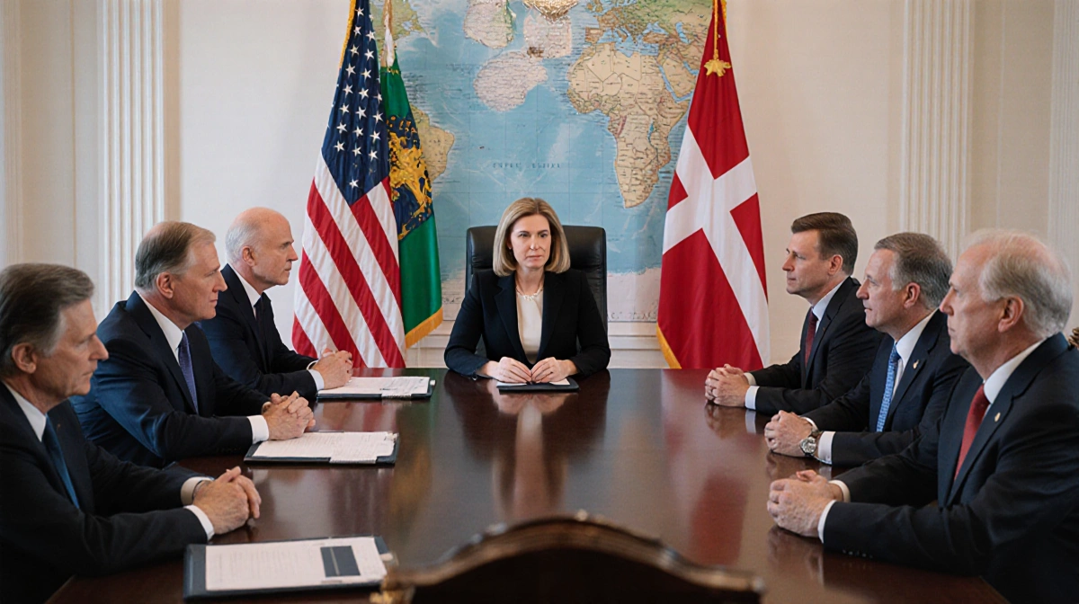 Congressional leaders meet with Danish Prime Minister Frederiksen and Greenlandic officials at Copenhagen city hall with flag