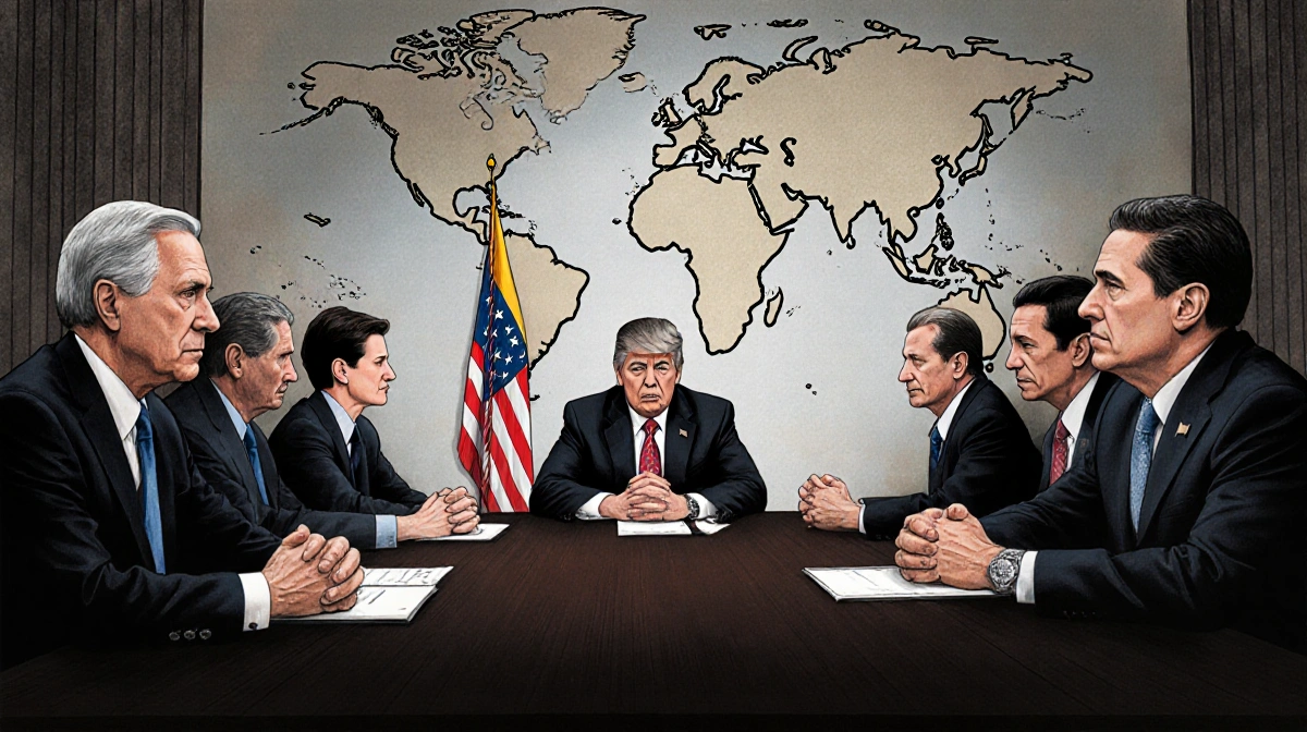 Lawmakers clasp hands around a large table facing the President with tension and a faint Venezuelan flag in background