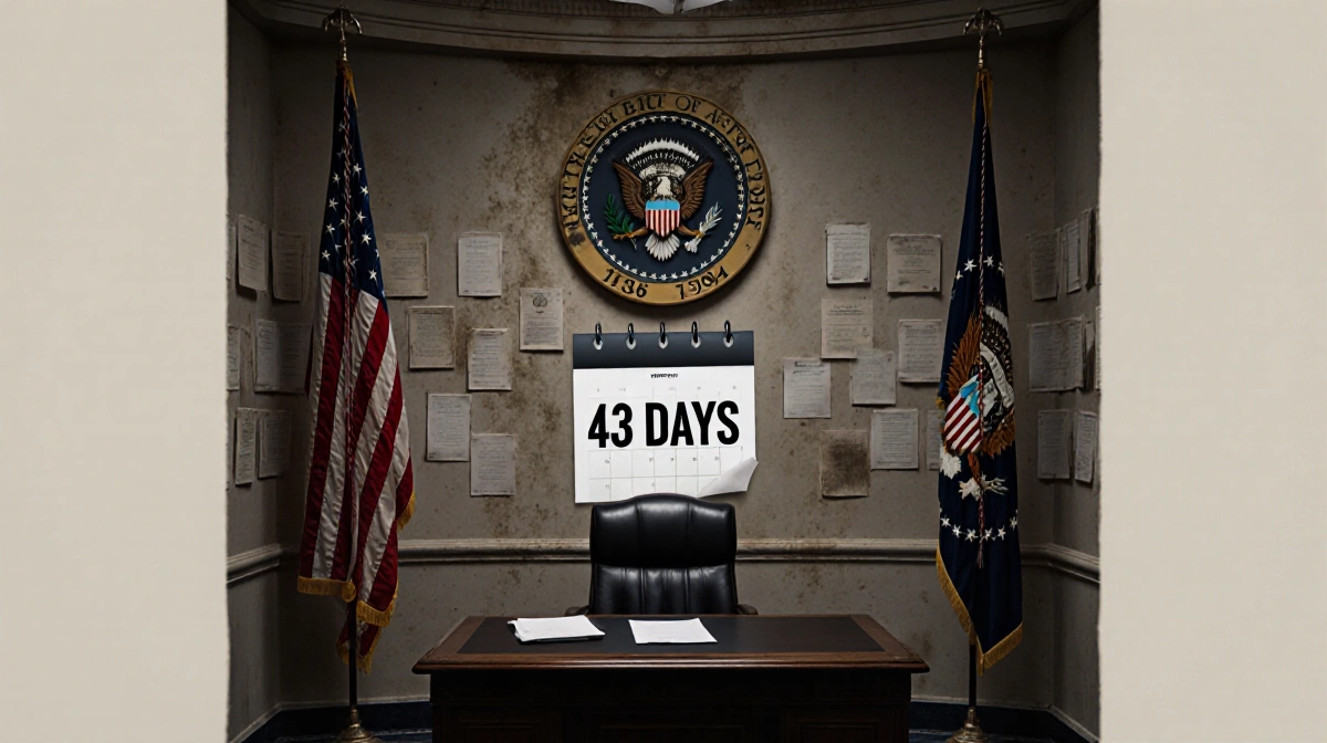 Congressional chamber lit with a flag and dusty documents a calendar showing 43 days and chair remains empty during shutdown
