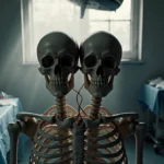 Two conjoined skeleton twins rest with surgical scar glowing under soft window light and medical tools behind