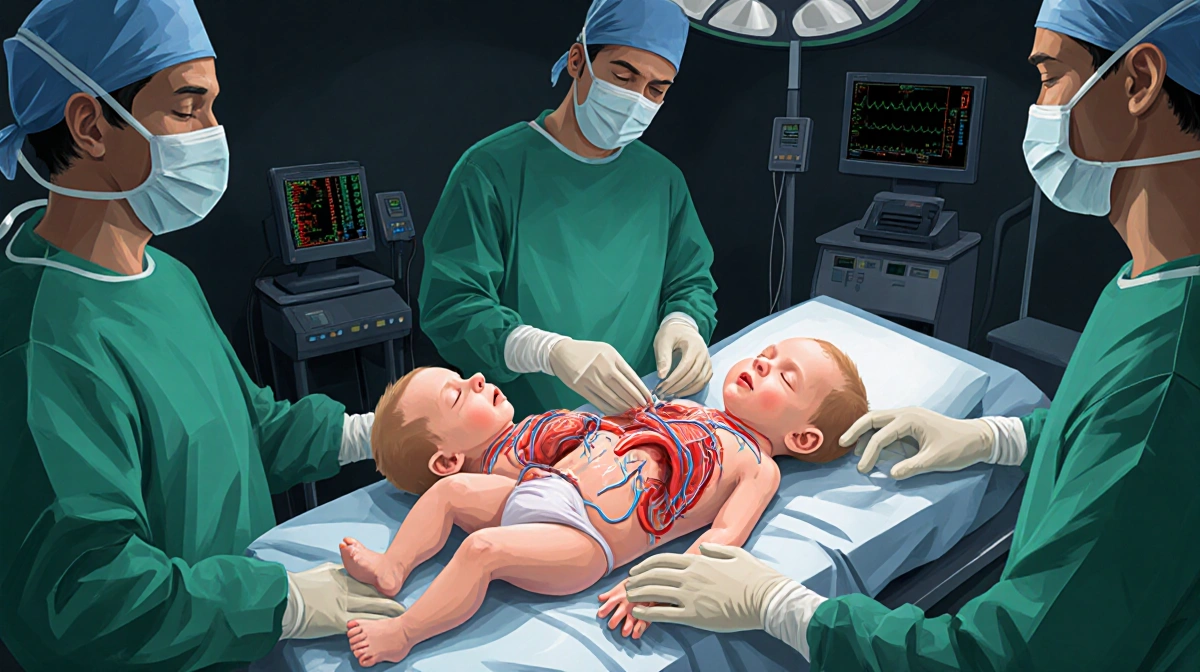 Surgeons performing emergency conjoined twin separation surgery with medical team and operating room equipment
