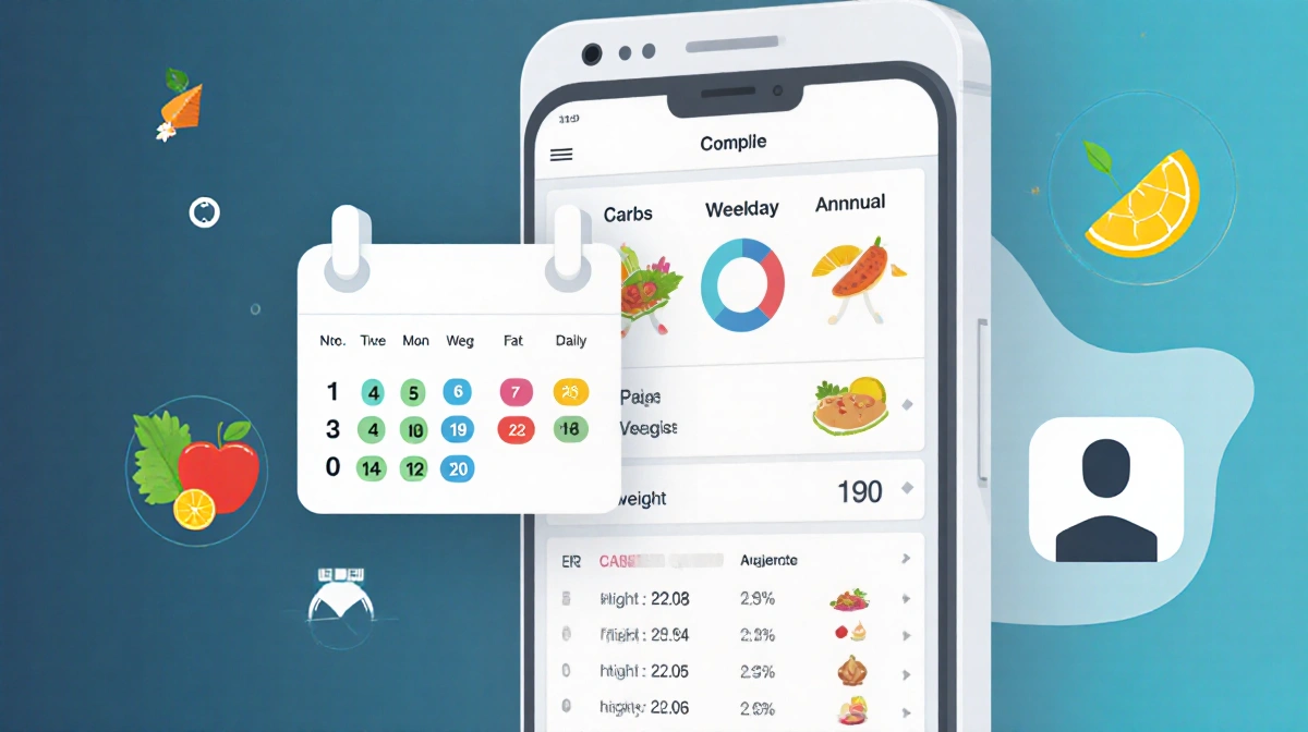 Smartphone shows nutrition tracking app with colorful nutrient icons and calendar overlay compiling weekly data
