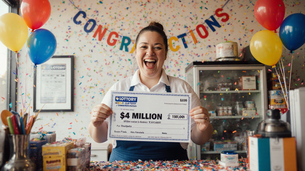 Store owner celebrating with $4 million lottery ticket and congratulations banner with balloons behind counter