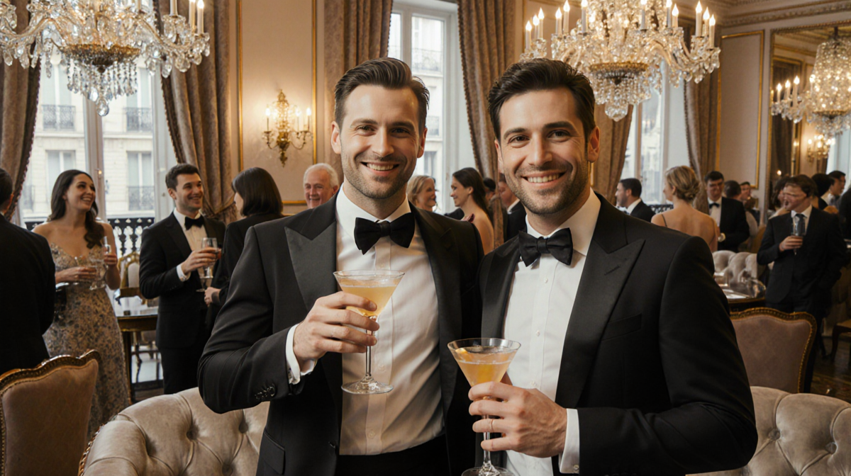 Connor Storrie and Francois Arnaud toast with cocktails in a luxurious Parisian setting with chandeliers and plush furnishing