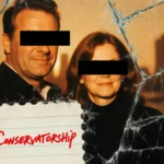 Faded family portrait with cracked glass showing distorted faces and red conservatorship note