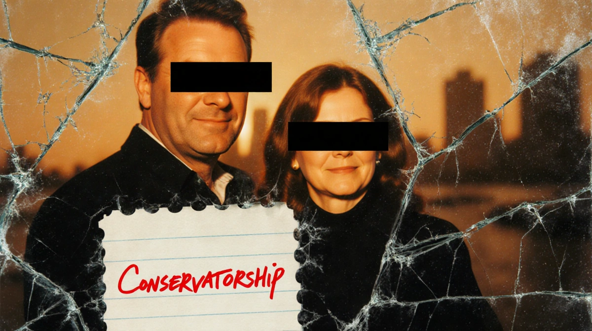 Faded family portrait with cracked glass showing distorted faces and red conservatorship note