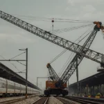 Construction safety scene showing crane stability measures with train tracks and safety equipment