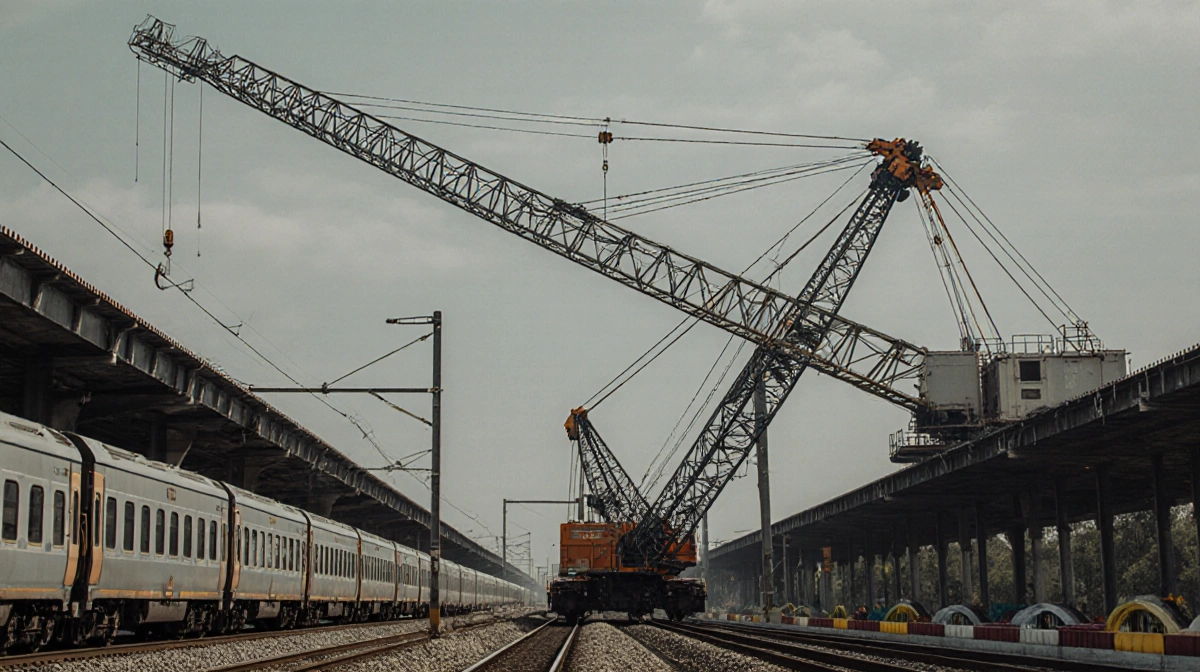 Construction safety scene showing crane stability measures with train tracks and safety equipment