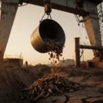 Crane lifts waste bucket filled with rotting food and maggots over construction site with workers watching at dusk