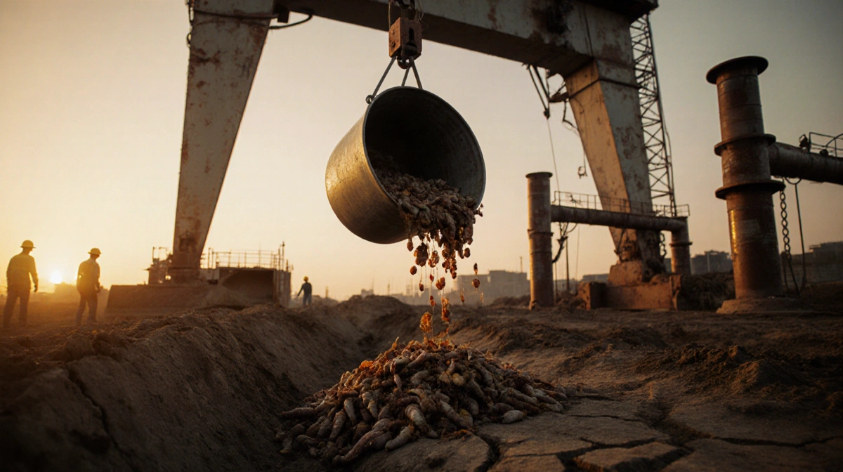 Crane lifts waste bucket filled with rotting food and maggots over construction site with workers watching at dusk
