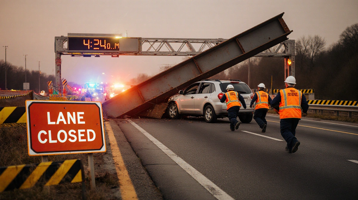 Emergency crews rush toward car crushed by fallen beam with construction zone and lane closure signs showing