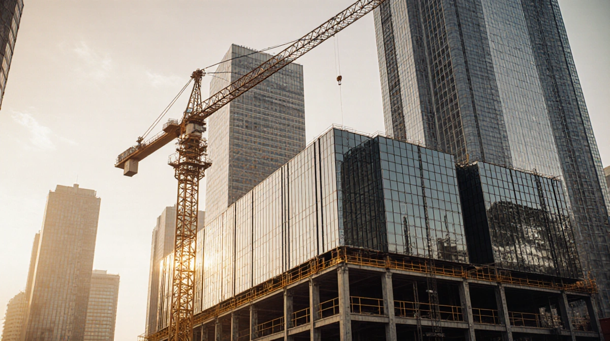 Construction crane working at data center site with glass building and skyscrapers behind