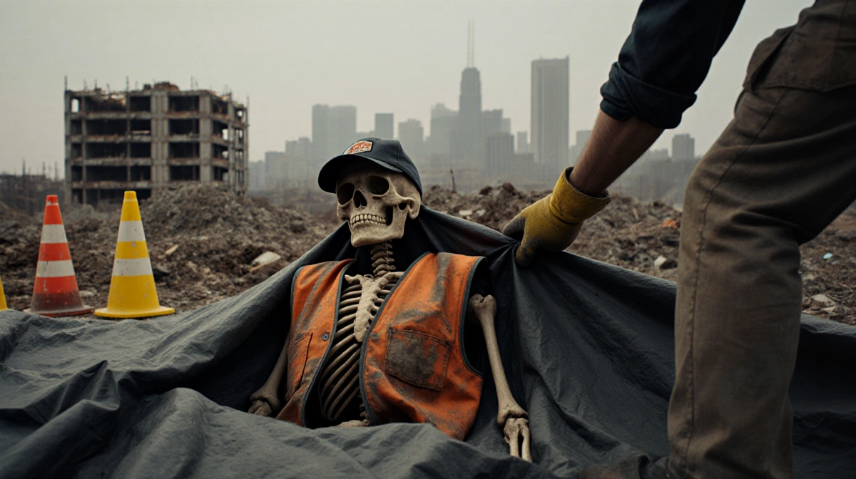 Workman lifting tarp with skeletal remains in orange vest and construction site in background
