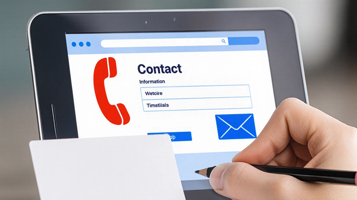 Someone writing contact details on card with phone and envelope icons on screen