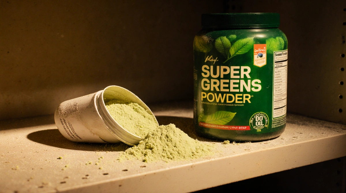 Empty Super Greens powder container lies on dusty shelf with contaminated powder scattered nearby and warning signs visible